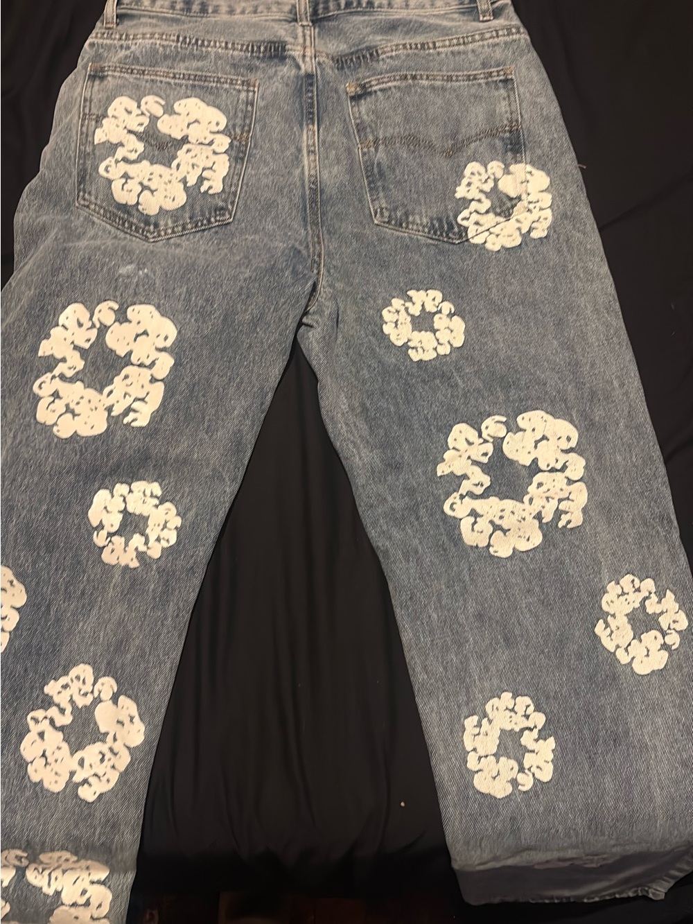Men's Slim Straight Painted Blue Denim Jeans - White Print